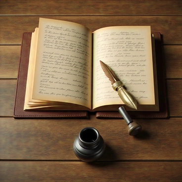 A leather journal lying open on a wooden table, with a quill and ink nearby.