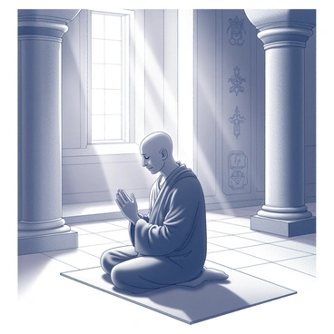 A monk is positioned in a meditative posture, seated on a simple mat within the sacred halls of an ancient temple. The walls are adorned with intricate carvings and symbols that reflect spiritual significance. Sunlight streams gently through a high window, casting soft shadows on the stone floor. The monk has a serene expression, with hands clasped in prayer and eyes closed. The surrounding atmosphere feels tranquil, enhancing the solemnity of the moment.