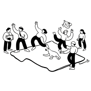 A pavement with a glossy layer of butter spread evenly across its surface. Several individuals of different proportions are slipping comically, with their arms flailing and legs in the air. One person is mid-fall, their briefcase flying out of their hand, while another is attempting to regain balance, leaning far backward. A dog is also caught in the chaos, sliding on the butter with a surprised look. Surrounding the scene are a few onlookers, some laughing and others gasping in surprise.