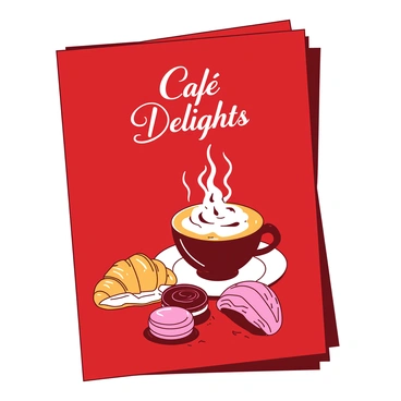 A red menu cover showcases intricate illustrations of various coffee drinks and pastries. In the center, there is a steaming cup of coffee with an elegant swirl of cream on top, surrounded by a variety of pastries including a golden croissant and a pink macaroon. The pastries are arranged artfully around the coffee cup, with delicate details highlighting their textures. The title "Café Delights" is elegantly scripted at the top in a contrasting color. The overall composition presents a warm and inviting atmosphere, perfect for a café setting.