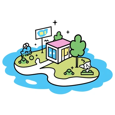 An island shaped like a leaf, surrounded by calm blue waters. The center of the island features a vibrant gallery, a rectangular building with large windows displaying colorful artwork. Nearby, a series of walls showcase bright street art, with large murals of various styles. To one side, there is a sculpture garden, with abstract shapes and figures made from various materials such as metal and stone. Pathways wind through the island, connecting these creative spots, with small signs pointing towards each location. Lush green trees and bushes frame the area, enhancing the artistic atmosphere.