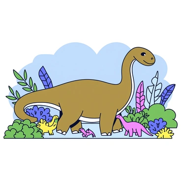 An iguanodon with a greenish-brown body is standing calmly amidst a lush, vibrant ecosystem. Surrounding the iguanodon are smaller dinosaurs, including a small theropod with a feathered body and a petite herbivore with a rounded shape. The landscape is filled with various plants, including tall ferns and leafy bushes. Brightly colored flowers dot the ground, adding splashes of color to the scene. The sky above is a clear blue, allowing sunlight to filter through and illuminate the dinosaurs and plants.