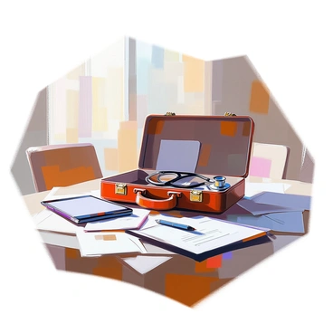 A conference table made of dark wood holds an open briefcase, its leather surface slightly worn. Inside the briefcase, a black stethoscope is partially visible, its glossy tubing coiling gently. The table is cluttered with several documents, a pen, and a digital tablet, creating an atmosphere of a busy work environment. Soft light from a nearby window casts subtle shadows, highlighting the briefcase and its contents.