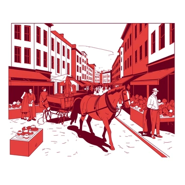 A red vintage cityscape is filled with people walking along the cobblestone streets. There are several horse-drawn carriages moving through the scene, each pulled by strong brown horses. Street vendors are set up along the sidewalks, showcasing colorful displays of fruits and handmade goods. People are interacting with the vendors, while others enjoy pastries from a quaint café nearby. Tall, ornate buildings from a bygone era surround the bustling scene, adding to the overall atmosphere of activity and charm.