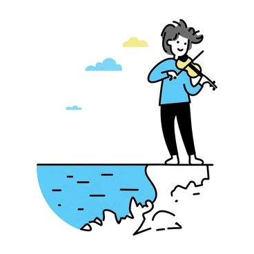 A person standing on a rocky seaside cliff, playing a violin. The individual is wearing a light blue shirt and dark pants, their hair flowing in the wind. Below, waves crash against the rocks, creating white foam as they meet the shore. The sky above is partly cloudy, with hints of sunlight breaking through. The ocean stretches out into the distance, reflecting the colors of the sky.