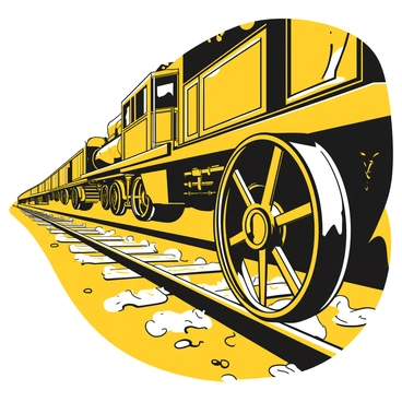 A close-up view of a black train wheel set, showcasing the detailed mechanics and textures. The wheel is in motion, creating a sense of speed as it rolls along the track. The background features railroad tracks extending into the distance, with ties and gravel in a linear perspective. The train body can be partially seen, emphasizing the classic design with ornate details. The scene captures the rhythmic motion and industrial charm of a classic railway journey.