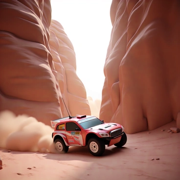 A rally car, designed for off-road racing, is speeding through a narrow canyon. The car is a striking shade of red, featuring rally graphics and a prominent sponsor logo on its side. Dust and gravel are kicked up from the tires as it corners sharply on the rugged terrain. Towering rock walls rise on either side, displaying a mix of jagged cliffs and smooth surfaces. Sunlight filters through the narrow opening above, casting dramatic shadows on the canyon floor. The scene captures the intensity and excitement of the rally as the car navigates the challenging landscape.