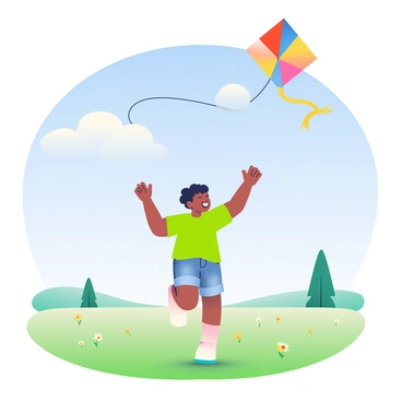 A child with medium skin and short black hair is joyfully flying a colorful kite in a wide open field. The kite is a vibrant combination of red, yellow, and blue, soaring high against a clear blue sky. The child is wearing a bright green t-shirt and denim shorts, and they are running with arms outstretched, a wide smile on their face. The field is lush and green, dotted with small wildflowers, and in the background, there are a few distant trees creating a sense of depth. The sun is shining brightly, casting soft shadows on the ground.