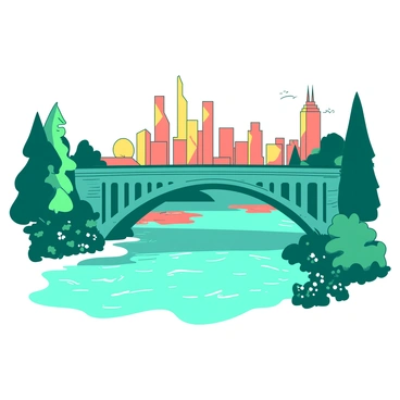 A teal bridge with elegant arches spans across a shimmering river. The bridge is lined with vibrant green trees on either side, and small white flowers bloom along the pathway. In the distance, a city skyline emerges, showcasing tall buildings with distinct designs. The buildings are brightly lit, casting reflective orange and yellow hues across the water below. The sky above is clear, amplifying the sense of a bright, hopeful atmosphere as the sun sets behind the city.