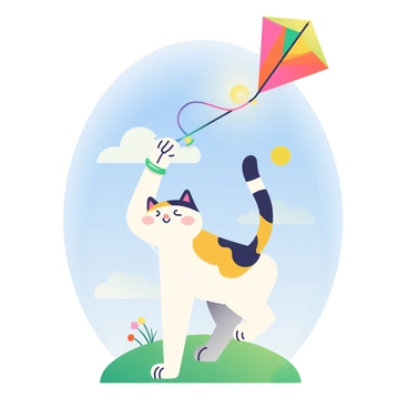 A lucky cat with white fur and traditional calico markings is standing upright. It is holding a colorful string in its paw, which is attached to a vibrant kite soaring high in the clear blue sky. The kite is shaped like a diamond and features a bright red body with yellow and green accents. Below, the landscape is dotted with green grass and a few scattered wildflowers. The sun shines brightly, illuminating the scene and creating a cheerful atmosphere.