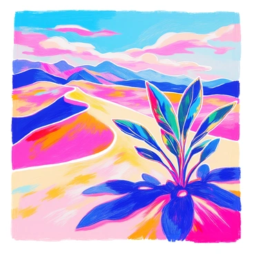 A surreal desert landscape features rolling dunes with an array of vibrant colors blending in the sky above. In the foreground, a single monstera plant stands prominently, its large, glossy leaves intricately detailed. The plant's deep green color contrasts against the warm, sandy tones of the desert. Shadows from the leaves stretch across the sand, creating interesting patterns. In the distance, there are distant mountains that seem to bend and twist in unconventional shapes, enhancing the surreal atmosphere.