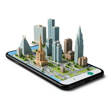 A detailed city map displayed on a 3D phone, featuring vibrant colors and intricate street layouts. The map includes various buildings represented as 3D models, with some structures popping out prominently from the screen. The buildings have distinct architectural styles, including modern skyscrapers and historical landmarks, all rendered in a realistic manner. The phone has a sleek design with a large display, and it is positioned on a wooden table. There are soft shadows cast by the phone, enhancing the three-dimensional effect of the buildings.