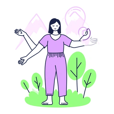 A person is standing with their eyes closed, performing slow, meditative arm circles. Their arms are extended out to the sides, with one arm moving in a circular motion while the other follows suit. The individual is wearing comfortable clothing suitable for relaxation. Surrounding them is a peaceful setting featuring soft grass underfoot, gentle trees swaying in the breeze, and a few distant mountains creating a serene backdrop. The gentle motion of their arms reflects a sense of calm and mindfulness, while their posture conveys relaxation and focus.