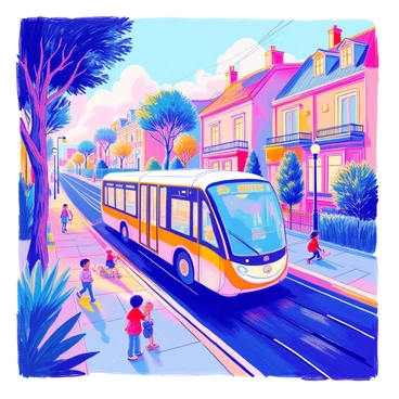 A driverless bus navigating through a tech-savvy neighborhood