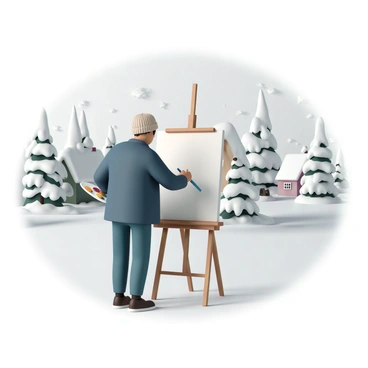 An artist, wearing a dark blue jacket and a knitted hat, is standing outside in a snowy village. The artist is focused on a canvas on an easel, capturing the winter landscape. Snow-covered houses with smoke rising from chimneys are in the background. Tall, frosted pine trees surround the scene, and gentle snowflakes are falling from the gray sky. The artist holds a palette in one hand and a paintbrush in the other, with colorful paints on the palette.
