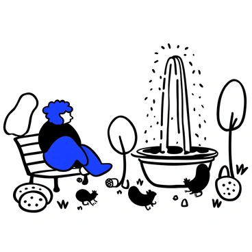 A large blue creature with fluffy fur is sitting on a park bench, surrounded by lush trees and grass. The creature is gazing at a tall fountain in the center of the park, where water is cascading down into a basin below. The fountain is uniquely designed to spout an abundance of cookie crumbs instead of water, creating a delightful shower of crumbs that falls into the surrounding area. Scattered around the fountain are several oversized cookies, adding to the whimsical atmosphere. A few playful squirrels can be seen near the fountain, eagerly trying to gather the cookie crumbs.