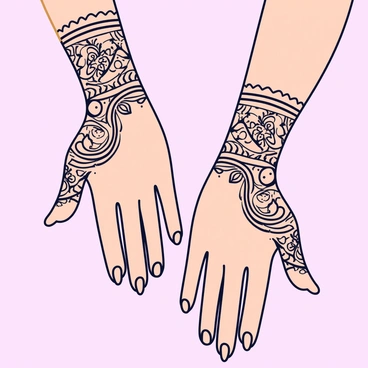 A pair of hands and arms adorned with intricate bridal mehendi designs. The mehendi features detailed floral patterns, swirls, and paisley shapes that cover the palms and extend up to the elbows. The designs are arranged symmetrically, with dark henna contrasting against the skin tone. The bride's fingers are embellished with delicate motifs, and small dots enhance the complexity of the overall appearance. The background is a soft, muted color to emphasize the beauty of the mehendi.