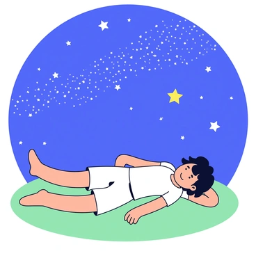 A person lying on their back on a grassy field. The individual has short, dark hair and is wearing a simple white t-shirt. Their arms are relaxed at their sides. Above them is a sky filled with numerous bright stars, twinkling against a deep blue background. The Milky Way is visible, stretching across the sky in a soft band of light. The scene conveys a sense of calmness and wonder.
