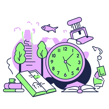 A dreamscape filled with a variety of odd and mismatched objects scattered across a surreal landscape. In the foreground, there is a large green clock with melting numbers, set against a purple sky. Nearby, a floating purple chair hovers above a green book that is open, pages fluttering in an unseen breeze. A green teacup rests on a purple table that leans at an angle, while a purple fish swims through the air above. In the background, a group of green trees with twisted trunks stand next to a purple staircase that spirals upwards into the clouds.