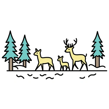A family of deer, consisting of a buck with large antlers, a doe, and two fawns, walking through a snowy forest. The deer are making their way across a blanket of fresh snow, leaving distinct tracks behind them. Tall evergreen trees surround the scene, their branches heavy with white snow. The ground is dotted with occasional patches of exposed earth, contrasting with the white snow. Soft light filters through the trees, creating a peaceful atmosphere.