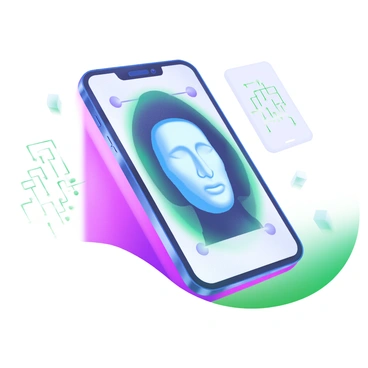 A modern pastel illustration featuring a smartphone displaying a face recognition interface on the screen. The screen shows an animated digital outline of a face, highlighted in a soft blue color, indicating the unlocking process. The smartphone is angled slightly to showcase the face outline clearly, and there are subtle glowing effects around the phone to emphasize the technology. In the background, there are faint images of circuit patterns to represent the digital theme.