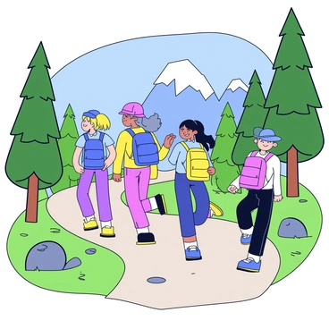A group of four friends hiking along a winding mountain trail. They are wearing colorful hiking gear, with backpacks and hats to protect them from the sun. The path is flanked by tall trees and dense bushes, showcasing a variety of green shades. Sunlight filters through the leaves, creating dappled patterns on the ground. In the background, there are rocky outcrops and a glimpse of a distant mountain peak rising against a clear blue sky.