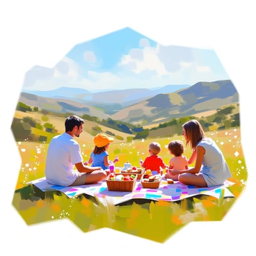 A family consisting of four members is enjoying a picnic on the lush green grassy slopes of Mont Ventoux. The scene captures a father with dark hair and a white shirt, a mother with light brown hair wearing a blue sundress, and two children, one wearing a yellow cap and the other in a red t-shirt. They are seated on a colorful picnic blanket spread out on the grass, with a wicker basket filled with sandwiches, fruits, and drinks nearby. In the background, the picturesque valley stretches out, showcasing rolling hills and patches of wildflowers under a clear blue sky. The sunlight bathes the scene, creating a warm and inviting atmosphere.
