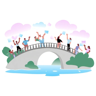 A bridge is spanning across a body of water, connecting two islands. On one island, a group of people is gathered, each holding colorful flags representing their diverse languages. They are animatedly gesturing and interacting with one another. On the opposite island, another group of individuals is gathered, also holding flags of different hues, engaged in lively conversation. The sky above is painted in gradient pastel colors, transitioning smoothly from soft pinks to gentle blues. The landscape includes lush greenery on both islands, and the water below reflects the pastel tones of the sky.
