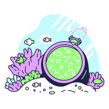 A locket is resting on the sandy bottom of a coral reef. The locket is slightly open, revealing intricate designs on its surface. Small fish are swimming around it, showcasing a variety of shapes and sizes. The coral formations surrounding the locket are vibrant and textured, with various clusters of coral in different shapes. Sunlight filters through the water, creating a shimmering effect on the sandy floor and illuminating the scene.