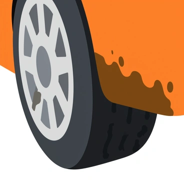 A close-up 3D view of a car's wheel arch featuring intricate mud-guard detailing. The wheel arch is highlighted, showcasing smooth curves and sharp angles. The mud-guard, designed with a textured surface, is positioned prominently around the tire. There are droplets of mud splattered on the mud-guard, adding realism to the scene. The tire is visible through the wheel arch, displaying a rugged tread pattern. Light reflects off the metallic surfaces, enhancing the visual depth of the image.