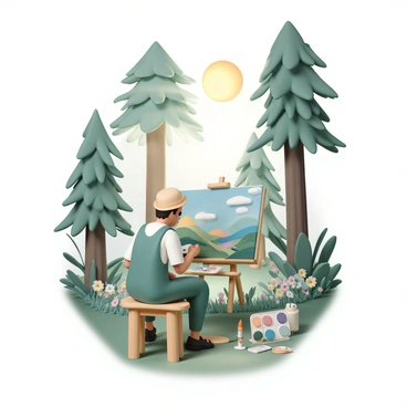 An artist, wearing a green apron and a beige hat, is sitting on a wooden stool in a forest setting. The artist is focused on a canvas, painting vibrant landscapes inspired by the lush surroundings. The sun filters through the tall trees, casting dappled light on the ground. Surrounding the artist are various paintbrushes and a palette filled with colors. Tall trees with green foliage and colorful flowers are visible in the background, creating a rich natural environment. A gentle breeze rustles the leaves, adding movement to the scene.