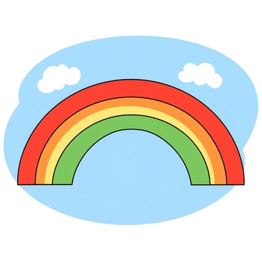 A simple rainbow arching across the sky with four distinct bands of color. The top band is a vibrant red, followed by a bright orange band beneath it. The third band is a cheerful yellow, and the lowest band is a calming green. The rainbow has a smooth, curved shape, and the background is a clear blue sky with a few fluffy white clouds scattered around. The colors of the bands are bold and well-defined, creating a striking visual contrast against the sky.