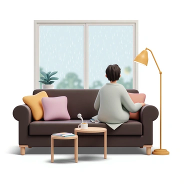 A cozy room with a person looking out of a rain-speckled window