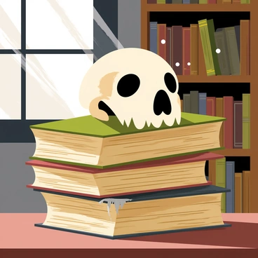 A dog skull with hollow eye sockets and sharp teeth is resting atop a stack of old, dusty books. The books have worn, tattered covers in shades of brown and green, some with frayed pages peeking out. Dust particles are suspended in the air, illuminated by a beam of light coming from a nearby window. The background is filled with shelves lined with more aged books, creating a cozy, antique atmosphere.
