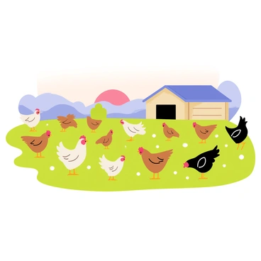 A poultry farm during early morning, featuring a soft mist enveloping the landscape. The sky shows a gradient from dark blue to light pink as dawn breaks. Various chickens with white, brown, and black feathers are scattered around the farm, some pecking at the ground while others are flapping their wings and stretching. A wooden coop is visible in the background, slightly illuminated by the rising sun. Dewdrops glisten on the grass, adding to the freshness of the scene.