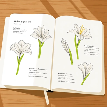 An open sketchbook displaying several detailed pencil drawings of gladiolus flowers. The flowers are depicted in various stages of bloom, showcasing their elegant shapes and textures. Accompanying the drawings are neatly written notes in the margins, providing details about the species and care instructions. The sketchbook has a light-colored cover, and it rests on a wooden surface with natural light illuminating the pages.