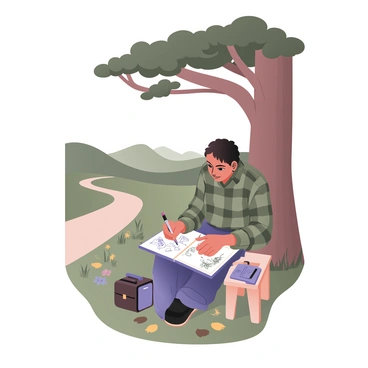 An illustrator is seated on a small wooden stool, sketching with a pencil in hand. The scene is set in a picturesque UK countryside landscape, with rolling green hills in the background. A large, leafy tree with a broad trunk provides shade overhead, its branches extending outward. The ground is scattered with fallen leaves and soft grass under the stool. The illustrator has short, curly hair and is wearing a plaid shirt and jeans. An open sketchbook rests on their lap, filled with drawings of the landscape. A sketchbag is lying on the ground next to them, partially open, revealing art supplies. In the distance, a winding path can be seen, flanked by wildflowers in various colors.