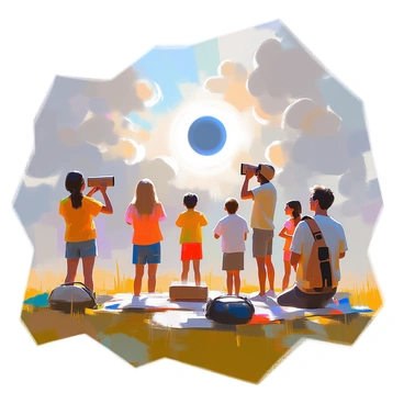 A group of people gathered in an open area, each engaging in the process of viewing a solar eclipse using traditional methods. Some individuals are holding handcrafted pinhole cameras made from cardboard boxes, carefully aligned towards the sun. Others are using simple solar viewing sheets, holding them up to catch the light. The sky is filled with dramatic clouds, casting a unique atmosphere over the scene. A few people are excitedly discussing the event, while others are observing intently, their faces illuminated by the sunlight. The ground is covered in grass, and scattered around are a few blankets and bags, suggesting a casual gathering.