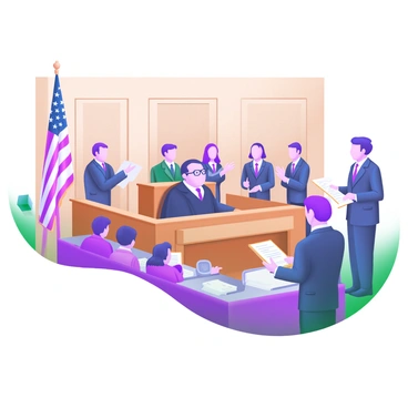 A bustling courtroom scene featuring a judge seated behind a large wooden bench, wearing a black robe and glasses. In front of the judge, a jury of twelve individuals is attentively listening, some taking notes. On one side of the room, a defense lawyer stands confidently, gesturing while presenting their case. On the opposite side, a prosecutor is also standing, holding a stack of documents and making a point. The gallery is filled with spectators observing the proceedings, creating an atmosphere of tension and anticipation. The room is adorned with wooden paneling and a large American flag positioned near the judge’s bench.