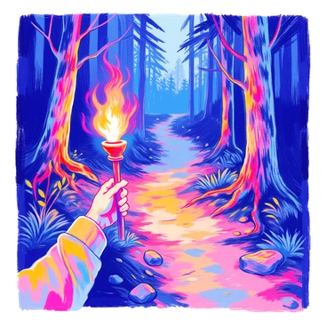 A hand is gripping a lit torch, casting a warm glow. The torchlight illuminates a dark forest path, revealing tall trees with thick trunks and dense foliage surrounding it. Shadows dance along the ground, creating an eerie atmosphere. The path is uneven with scattered rocks and roots, leading deeper into the heart of the forest. The background is filled with hints of the trees fading into darkness.