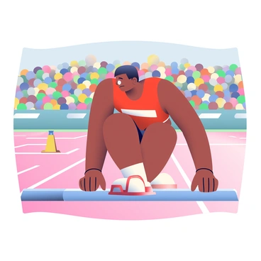 An athlete with a muscular build and dark skin is positioned in the starting blocks on a track. They are wearing a fitted red racing uniform with matching spikes. Their eyes are focused ahead, and their hands are gripping the blocks firmly. The starting gun is visible in the background, glinting in the sunlight. The track is marked with bright white lines, and the surrounding stands are filled with spectators in colorful attire, eagerly awaiting the race to begin. The scene captures the intensity and anticipation of the moment before the sprint.