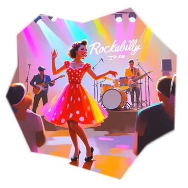 A pin-up girl with vintage-inspired hair and a vibrant red polka dot dress is joyfully dancing near a stage at a rockabilly concert. She has a wide smile on her face and is surrounded by colorful lights illuminating the scene. The live band is playing energetic music, with musicians in classic rockabilly attire, including leather jackets and slicked-back hair. The audience, dressed in retro clothing, is also dancing and enjoying the lively atmosphere. The stage features a large banner with the band's name, adding to the festive ambiance of the concert.