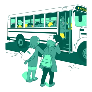 A teal child with wide eyes is gripping a white adult hand tightly, showing signs of anxiety. The child is wearing a colorful backpack that is slightly oversized. In the background, a white school bus is parked, and the doors are open, revealing bright yellow seats inside. The bus driver can be seen in the driver's seat, smiling reassuringly. Other children are boarding the bus, some laughing and chatting, while the nervous child stands hesitantly at the bottom step. The sun is shining, casting soft shadows on the asphalt.