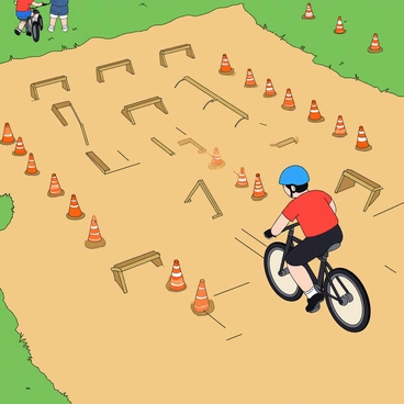 A cyclist wearing a bright blue helmet and a red jersey is skillfully maneuvering through an obstacle course. The course is filled with orange traffic cones lined up in various patterns. There are several small wooden ramps scattered throughout the scene, some angled steeply. The cyclist is pedaling rapidly, with one foot lifted off the pedals as they approach a ramp, ready to jump. The ground is a light brown dirt, and there are green grass patches surrounding the course. In the background, a few spectators can be seen cheering.