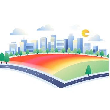 A panoramic view of a cityscape showcases distinct heat zones illustrated through varying colors. The central area displays bright red tones, indicating high temperatures, while the surrounding neighborhoods shift into orange and yellow hues, representing moderate heat. Further out, cooler zones are depicted in shades of blue and green, illustrating lower thermal readings. The skyline is dotted with modern buildings, each reflecting sunlight differently based on their location within the heat zones. Soft clouds float above, adding depth to the scene, while the roads and parks reveal their temperature variations through color contrasts.