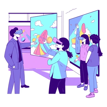 A group of four people is standing in a spacious, modern gallery filled with large screens displaying various forms of digital art. Each person is wearing a sleek, futuristic VR headset. One person, with short black hair, is reaching out with their hands, appearing to interact with a vibrant digital sculpture projected in front of them. Another individual, wearing a long-sleeve shirt, is smiling as they immerse themselves in the experience, surrounded by colorful abstract visuals. A third person, with curly hair tied back, is observing the artwork with a look of concentration, while the fourth individual, wearing a casual jacket, stands with their mouth slightly open in awe. The atmosphere is lively, with hints of movement and color emanating from the digital displays around them.