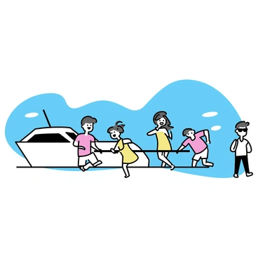 A yacht floating on calm waters under a clear blue sky. Several guests are in a line, bending backward to pass under a horizontal stick held by another guest. The people are dressed in colorful summer attire; one man is wearing a bright red shirt and white shorts, while a woman in a yellow dress laughs as she watches. Another man, wearing sunglasses, is cheering on the limbo participants. The ocean breeze is depicted by gently flowing hair and fluttering clothing.