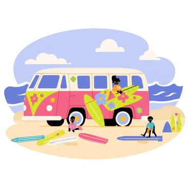 A vibrant VW van painted with colorful floral designs is parked on a sandy beach. The van is positioned near the shoreline, with rolling waves in the background. Several surfers in colorful wetsuits are preparing their surfboards, while bright beach towels are spread out on the sand around the van. A blue sky overhead is dotted with a few fluffy white clouds.
