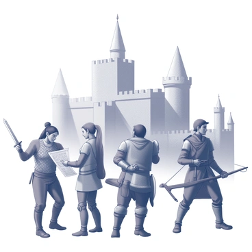 A group of several adventurers stands together, each equipped with various forms of battle gear. One adventurer, wearing a chainmail shirt and holding a sword, is positioned in the foreground, examining a map. Another figure, clad in leather armor and gripping a shield, stands beside a sturdy crossbowman who peers cautiously at the castle ahead. A mage, adorned with a cloak and clutching a staff, prepares to cast a protective spell. The castle looms in the background, its towering walls and jagged towers cast ominous shadows, suggesting danger within. The atmosphere is tense as the group readies themselves for the impending challenge.