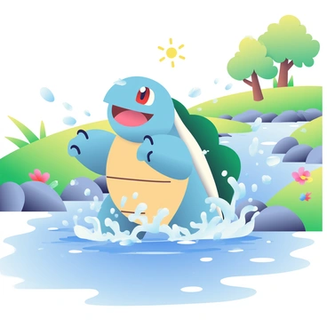 A Blastoise is playfully splashing in a crystal-clear stream surrounded by smooth pebbles and vibrant green grass. Water droplets are flying in all directions as it emerges from the stream, showcasing its powerful water cannons. Sunlight is glimmering on the surface of the water, creating small sparkles. In the background, there are leafy trees providing shade, and a few colorful flowers are blooming along the shore. The scene captures the joyful movement of Blastoise as it enjoys its time in the refreshing water.